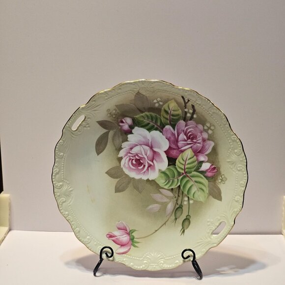 Vintage Lefton Green Heritage Hand Painted Handled Plate #05858 From 1987 Japan - Picture 2 of 7